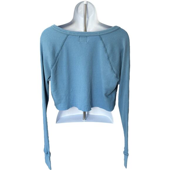 BDG waffle-knit thermal cropped long sleeve top blue V-neck raw hem S - Picture 3 of 6
